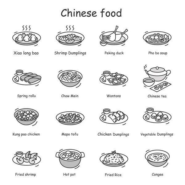 Chinesische Essen-Ikonen gesetzt. Beliebte traditionelle asiatische Gerichte Rezepte einfache Vektorillustration — Stockvektor