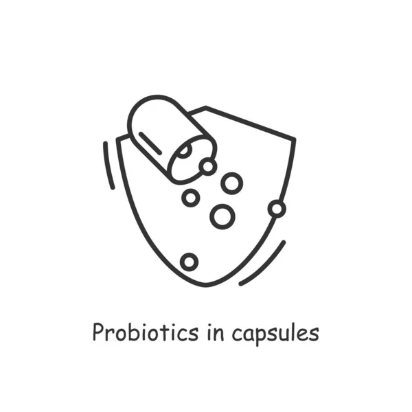 Probióticos en el icono de la cápsula. Suplemento probiótico para el equilibrio saludable de las bacterias intestinales, la salud inmune y digestiva — Vector de stock