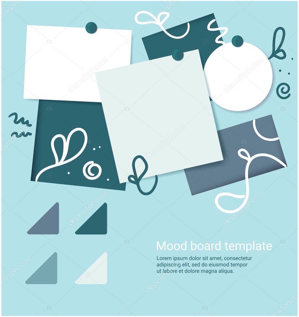 Blue and green palette color office mood board template for sticky notes and pins
