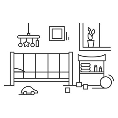 Çocuk odası ikonu. Bebek için rahat bir oda, basit vektör illüstrasyonu.