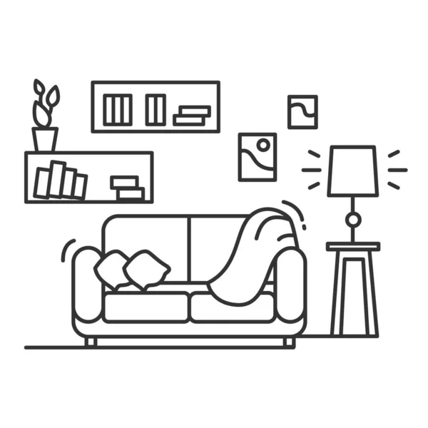 Ícone da sala de estar. Sala de estar acolhedora com sofá e estante. Ilustração vetorial. —  Vetores de Stock