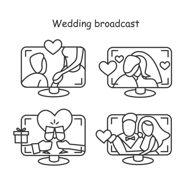 Hochzeit Online-Set. Videoanruf überträgt Hochzeitszeremonie editierbare Vektorpiktogramme — Stockvektor