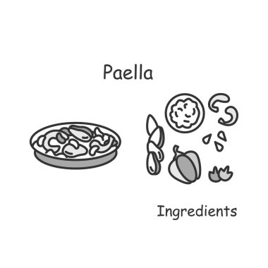 Paella ikonu. İspanyol mutfağı pilavı ve deniz ürünleri servisi ve basit vektör illüstrasyonları.