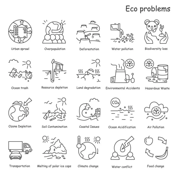 Öko problémák ikonok beállítva. Környezeti veszélyek és ökoszisztéma-problémák egyszerű vektorillusztrációk — Stock Vector