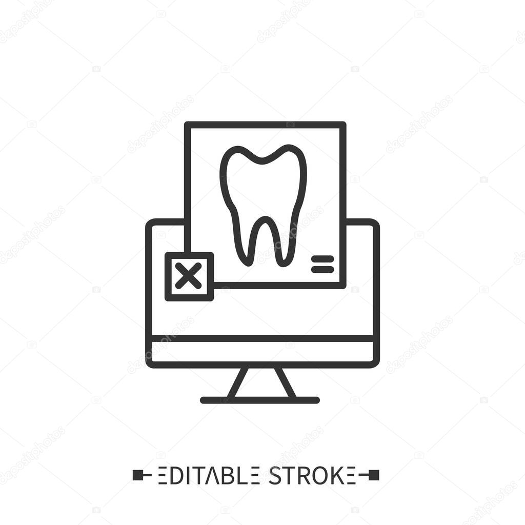 Radiology line icon. X-ray diagnostics. Computerized radiography. Organs electromagnetic examination. Modern dentist equipment. Healthcare and health information management concept. Editable stroke