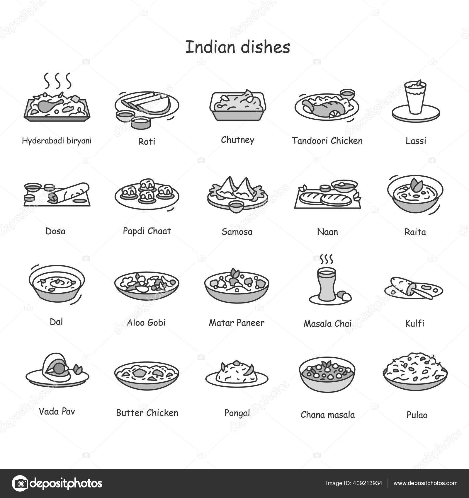 Indian dishes line icons set. Traditional Indian meals and drinks