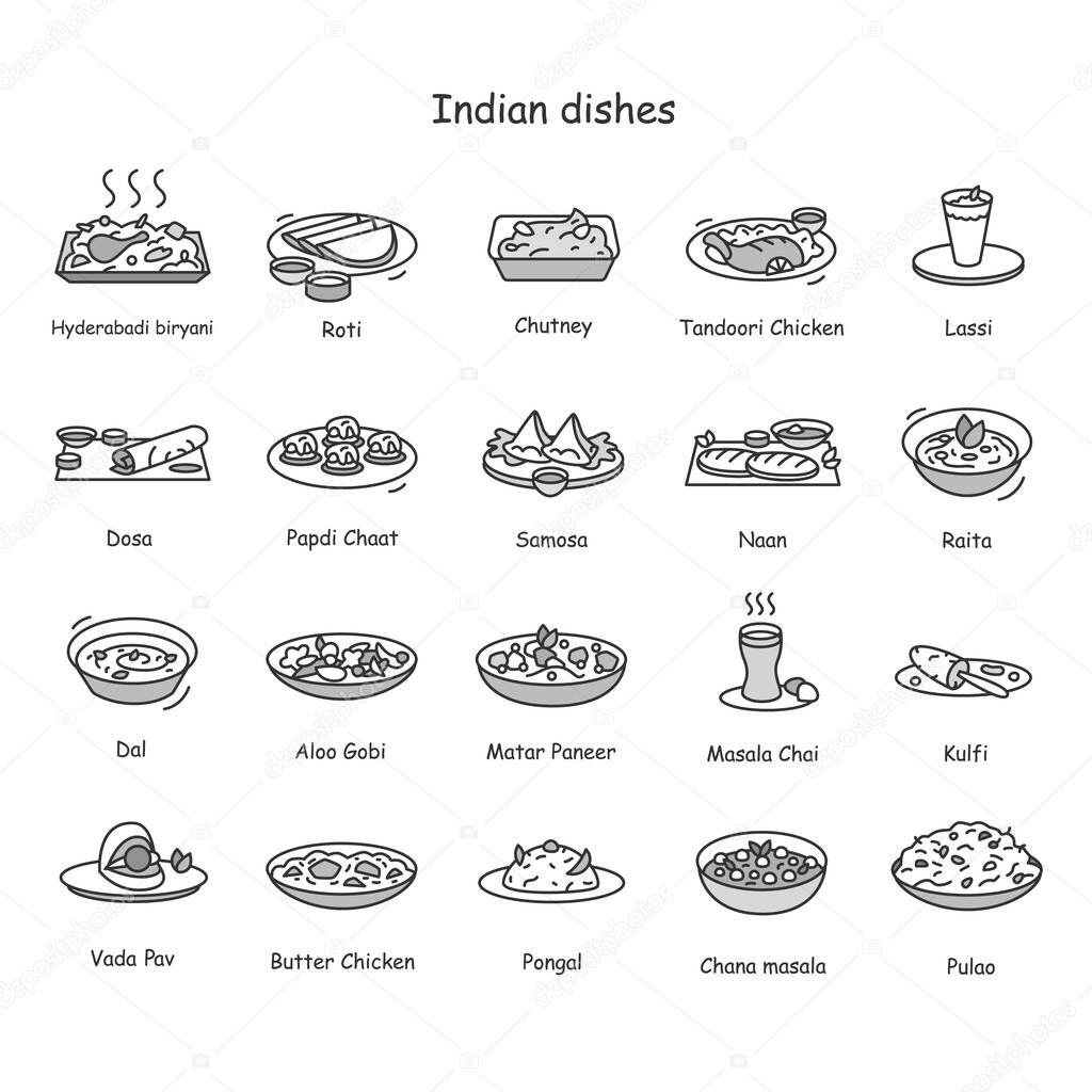  Indian dishes line icons set. Traditional Indian meals and drinks.