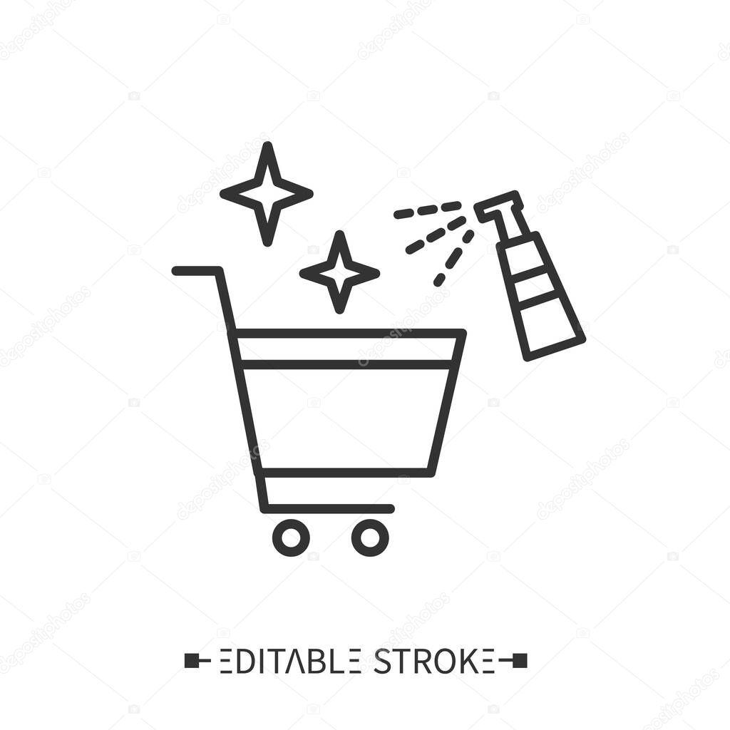 Shopping cart cleaning line icon. Public spaces disinfecting. Safety space and preventative measures. Preventing virus spread concept. Isolated vector illustration. Editable stroke