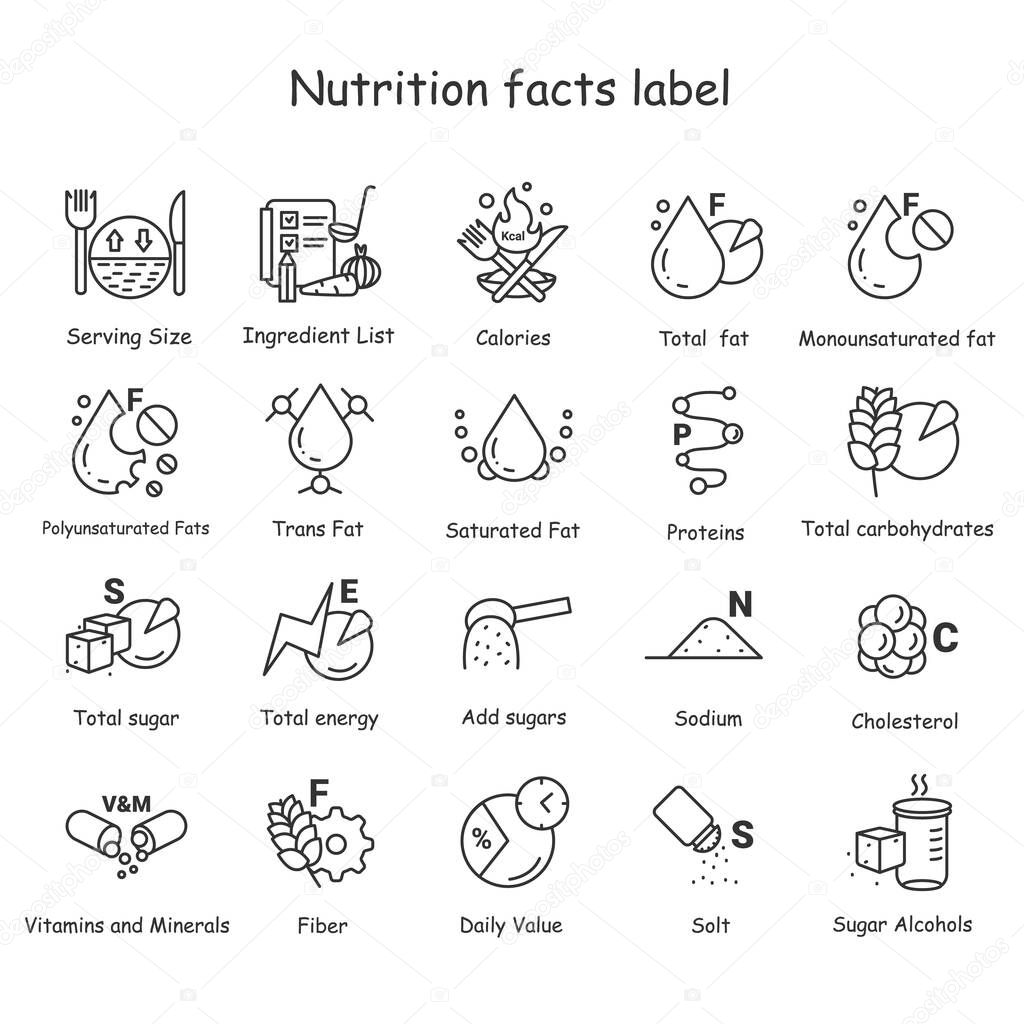 Nutrition facts line icons set. Nutrition supplements.Healthy, balanced eating. Fats, carbs, vitamins, minerals, and more. Nutrition facts concept.Isolated vector illustrations. Editable stroke