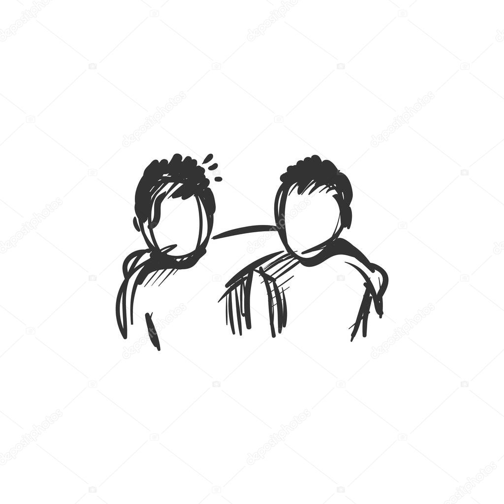 Best friend line icon.Two people standing together and hugging. Outline drawing. Strong bond. Deep human connection concept. Isolated vector illustration