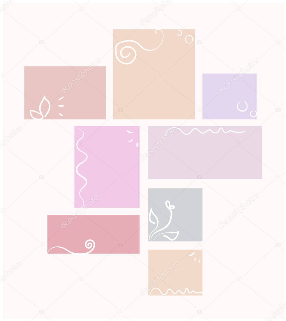 Floral calligraphy elements, rectangle shape pastel color mood board template. Elaborate calligraphic vector collage composition for spring style presentation and photo frame or sticky notes spacer