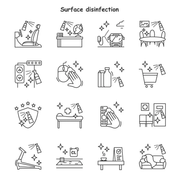 Oppervlakte desinfectielijn iconen ingesteld. Reiniging thuis, op kantoor en meer. Geïsoleerde vectorillustraties. — Stockvector