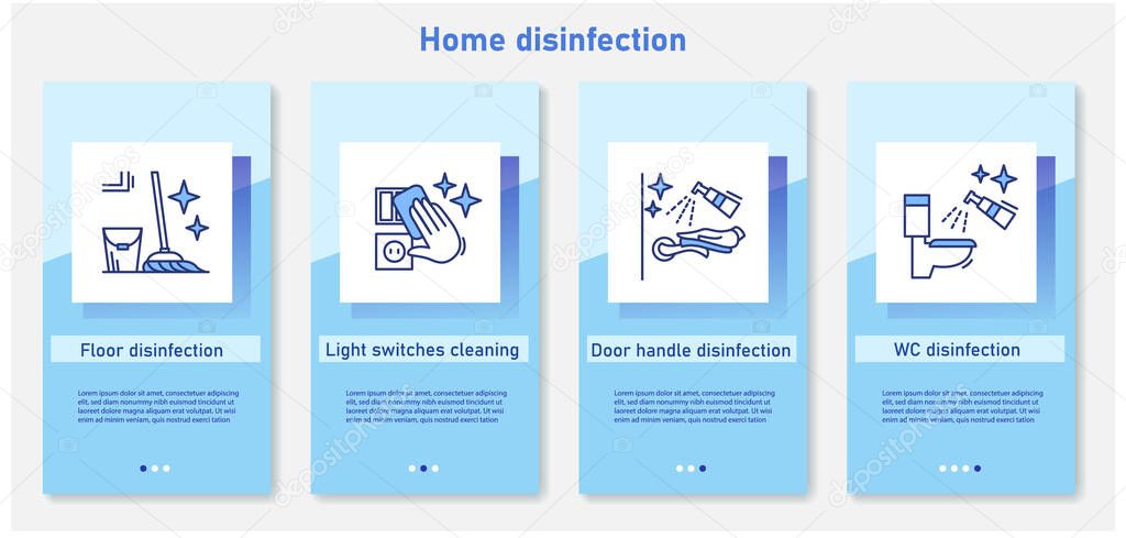 Home disinfection onboarding mobile app screens.Preventing virus spread concepts