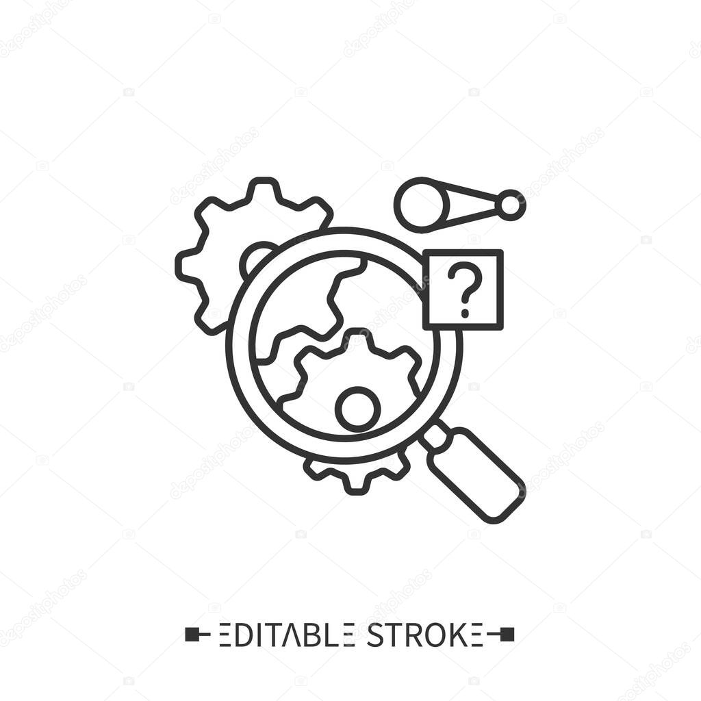 Inspection line icon. Expert assessment of product quality. Finding assembly defects.Technological process.Stages and elements of a successful production cycle. Editable stroke