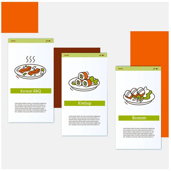 Korean dishes onboarding mobile app page screens — Stock Vector