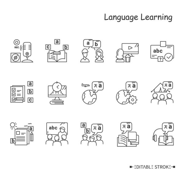 Foreign language learning line icon set. Editable