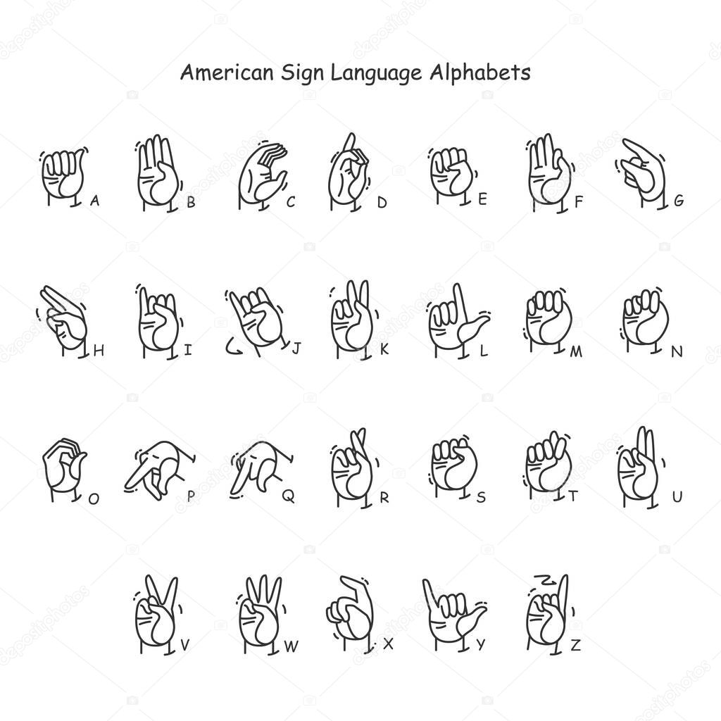 Hand gestures showing A-Z letters line icons set. Fingerspelling American language. Sign alphabet for deaf-mutes. Communication for disabled people. Isolated vector illustration. Editable stroke