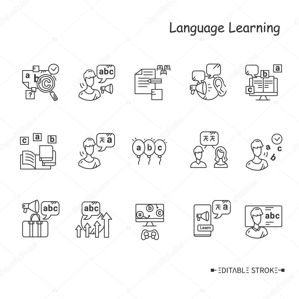 Foreign language learning line icon set. Learning methods, ways and processes. Speaking, listening, spelling, and more. Foreign languages learning . Isolated vector illustrations. Editable stroke