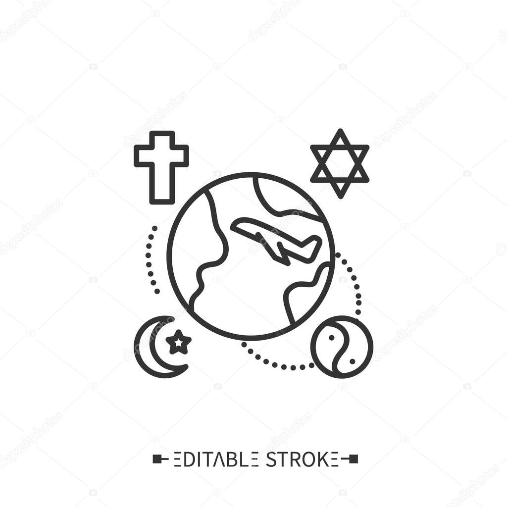 Religious tourism line icon. Faith tourism. Travelling to holy, sacred places or cities. Pilgrimage. Tourism types concept. Isolated vector illustration. Editable stroke