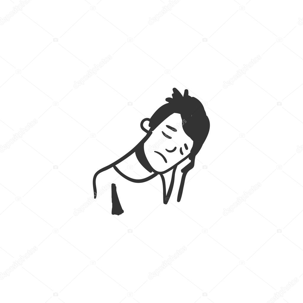 Frustration feeling icon. Sad, frustrated man. Outline sketch drawing.Human emotions and feelings concept. Tiredness, sadness or depression expression. Isolated vector illustration. Editable stroke