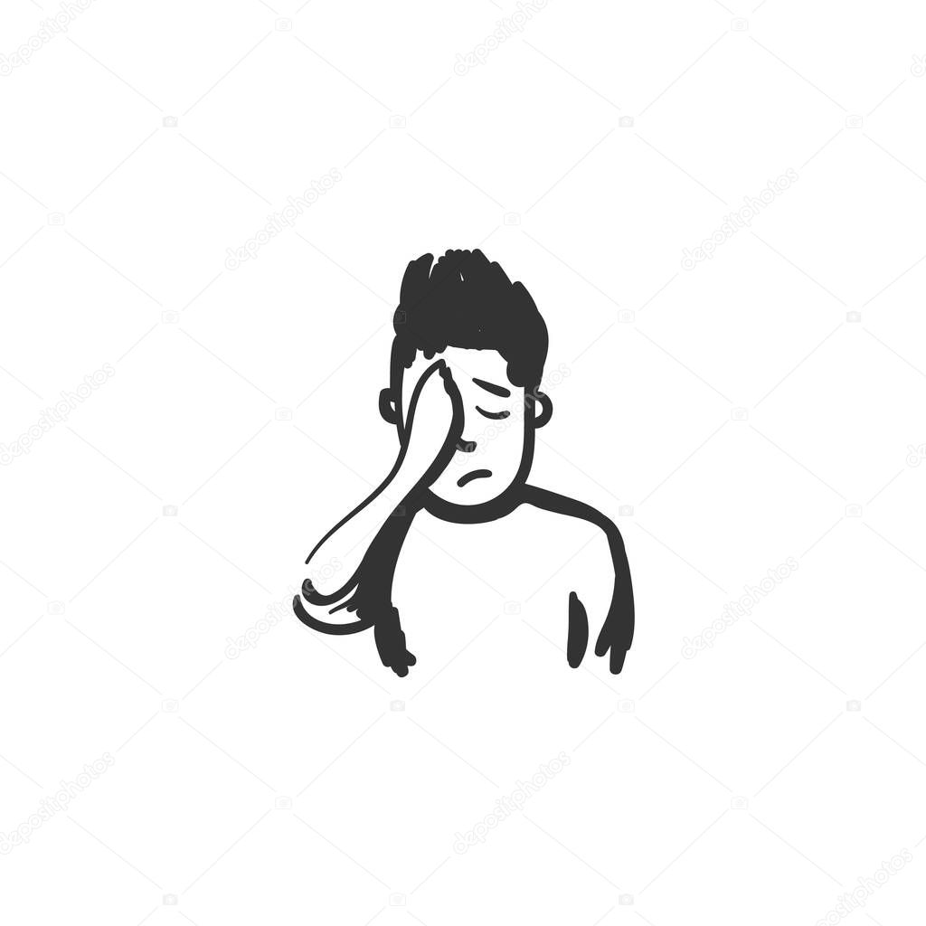 Shame feeling icon. Ashamed or disappointed man. Outline sketch drawing.Human emotions and feelings concept. Tiredness, headache, shyness expression. Isolated vector illustration. Editable stroke