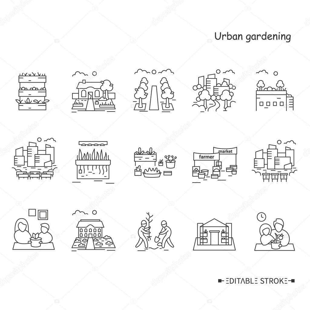 Urban gardening line icons set. Editable 