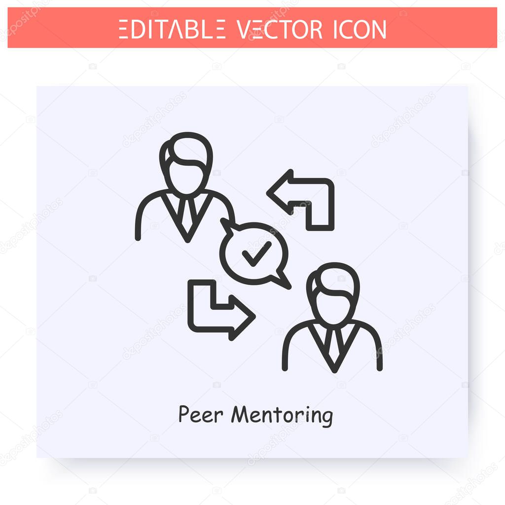 Peer mentoring line icon. Sharing experience between colleagues. Discussion, negotiation. Guidance consulting in business, finance or management. Isolated vector illustration. Editable stroke