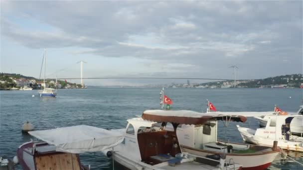 Aerial view of Sailboat and Istanbul Bosphorus Bridge — Stock Video