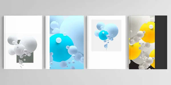 Realistic vector layouts of cover mockup design templates in A4 format for brochure, cover design, flyer, book design, magazine, poster. Abstract composition with 3d balls or spheres. — Stock Vector