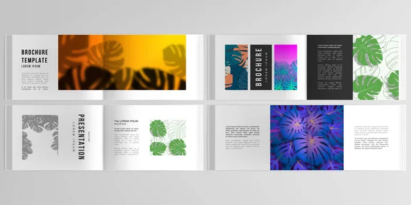 Diseño vectorial de plantillas de presentación horizontales para folleto de diseño de paisajes, diseño de portada, volante, libro, revista. Hojas de palma tropicales, sombra de hojas de selva tropical. Fondos de patrón floral — Vector de stock