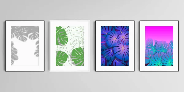 Realistische Vektor-Reihe von Bilderrahmen im DIN-A4-Format isoliert auf grauem Hintergrund. Tropische Palmenblätter, Schatten tropischer Dschungelblätter. Floral Muster Hintergründe. — Stockvektor