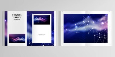 A4 çift katlı broşür, broşür, broşür, kapak tasarımı, kitap tasarımı, dergi kapağı için 3D gerçekçi vektör düzeni. Dijital veri görselleştirme, çokgen bilim koyu arkaplan.