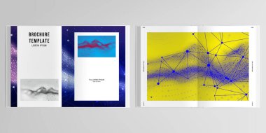 A4 çift katlı broşür, broşür, broşür, kapak tasarımı, kitap tasarımı için kapak modelinin 3d gerçekçi vektör düzeni. Teknoloji veya bilim siber uzay kavramı için renkli dalgalı parçacık yüzeyi arkaplanı.
