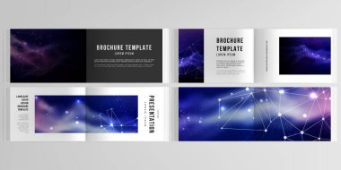 Peyzaj tasarımı broşürü, kapak tasarımı, el ilanı, kitap tasarımı, dergi için yatay sunum şablonları vektör düzeni. Dijital veri görselleştirme, çokgen bilim koyu arkaplan.