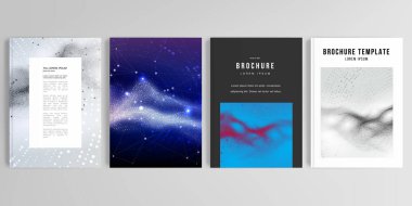 Broşür, kapak tasarımı, el ilanı, kitap tasarımı, poster için A4 'teki kapak modellerinin gerçekçi vektör düzeni. Teknoloji veya bilim siber uzay kavramı için renkli dalgalı parçacık yüzeyi arkaplanı