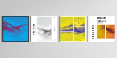 Kare broşür, kapak tasarımı, broşür, broşür, broşür, kitap tasarımı ve poster için gerçekçi vektör modelleri. Teknoloji veya bilim siber uzay kavramı için renkli dalgalı parçacık yüzeyi arkaplanı