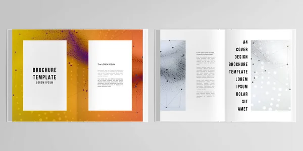 3d realistic vector layout of cover mockup templates for A4 bifold brochure, flyer, cover design, book design. Colorful wavy particle surface background for technology or science cyber space concept. — Stock Vector