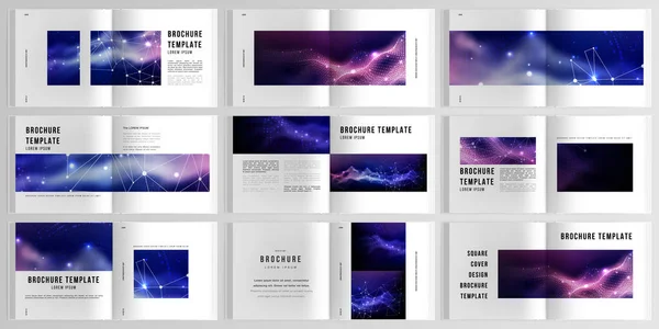 二つの正方形のパンフレット、チラシ、カバーデザイン、本のデザイン、雑誌、パンフレットカバーのカバーモックアップテンプレートの3D現実的なベクトルレイアウト。デジタルデータの可視化、多国間科学の背景. — ストックベクタ