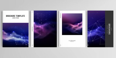 Broşür, kapak tasarımı, el ilanı, kitap tasarımı, dergi, poster için A4 formatında kapak tasarımı modellerinin gerçekçi vektör düzeni. Dijital veri görselleştirme, çokgen bilim koyu arkaplan.