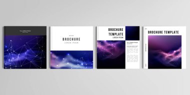 Kare broşür, kapak tasarımı, broşür, broşür, broşür, broşür, kitap tasarımı, dergi, poster için gerçekçi vektör modelleri. Dijital veri görselleştirme, çokgen bilim koyu arkaplan.