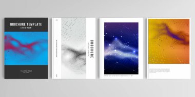 Broşür, kapak tasarımı, el ilanı, kitap tasarımı, poster için A4 'teki kapak modellerinin gerçekçi vektör düzeni. Teknoloji veya bilim siber uzay kavramı için renkli dalgalı parçacık yüzeyi arkaplanı