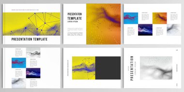 Broşür, kapak tasarımı, broşür, el ilanı, kitap tasarımı ve dergi için sunum tasarım şablonları. Teknoloji veya bilim siber uzay kavramı için renkli dalgalı parçacık yüzeyi arkaplanı.