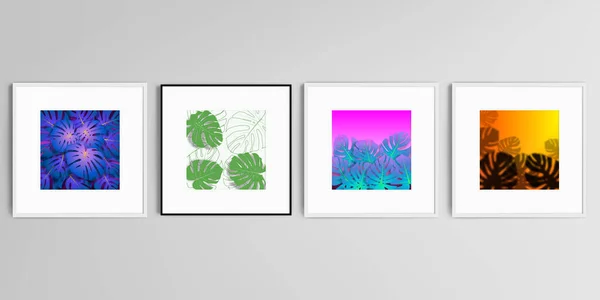 Conjunto de vectores realistas de marcos cuadrados aislados sobre fondo gris. Hojas de palma tropical, sombra de hojas de selva tropical. Fondos de patrón floral. — Vector de stock