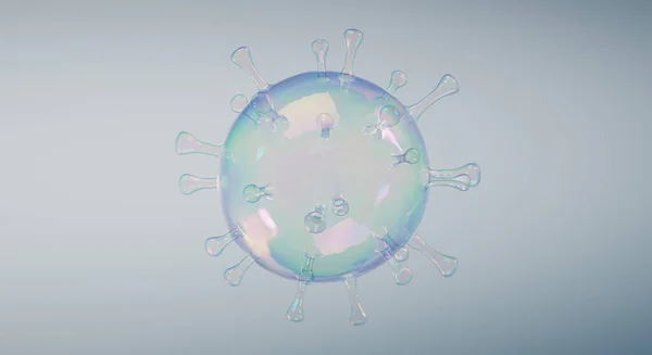 Coronavirus COVID 19, sabun köpüğünden yapılmış grip bakterisi. Mikrop hücresinin mikroskobik görüntüsü. Bazıları virüsün sahte olduğunu ve karantinanın hükümet komplosu olduğunu iddia ediyor. Haber, televizyon, medya.