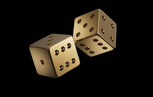 Dices made of gold are flying in the air on a black background. Luxury item. Realistic 3D rendering. CGI Illustration