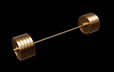 Siyah arka planda parlak altından yapılmış, stüdyo ışıklandırmalı halter. Lüks eşyalar. VIP üyelik programı, abonelik. Ağırlık kaldırıyorum. Spor malzemeleri.