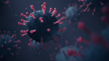 Coronavirus COVID-19 gribinin mikroskobik yakın plan görüntüsü, arka plandaki hücreler. 3B Görüntü
