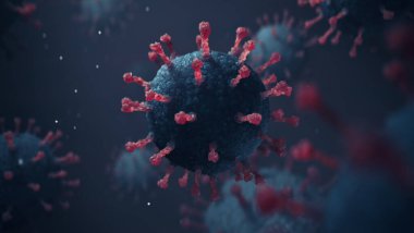 Soyut bir arkaplanda Coronavirus COVID-19 grip hücresinin fotorealistik mikroskobik yakın çekim görüntüsü. 3B Görüntü