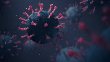 Soyut bir arkaplanda Coronavirus COVID-19 grip hücresinin fotorealistik mikroskobik yakın çekim görüntüsü. 3B Görüntü