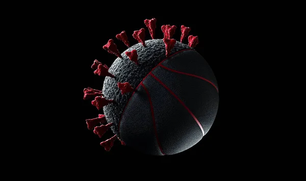 Siyah bir arka planda Corona virüsü bulaşmış basketbol topu. Basketbol endüstrisi karantinadan dolayı kapanır. Tehlike etkinliği
